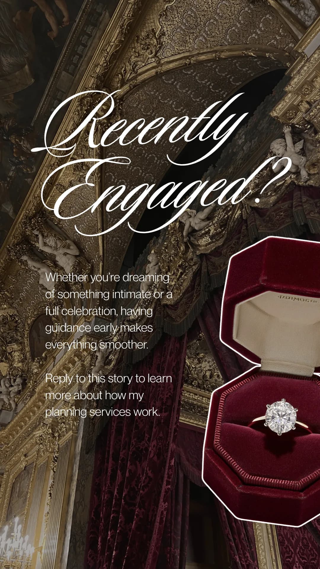 Instagram story template inviting recently engaged couples to book a consultation